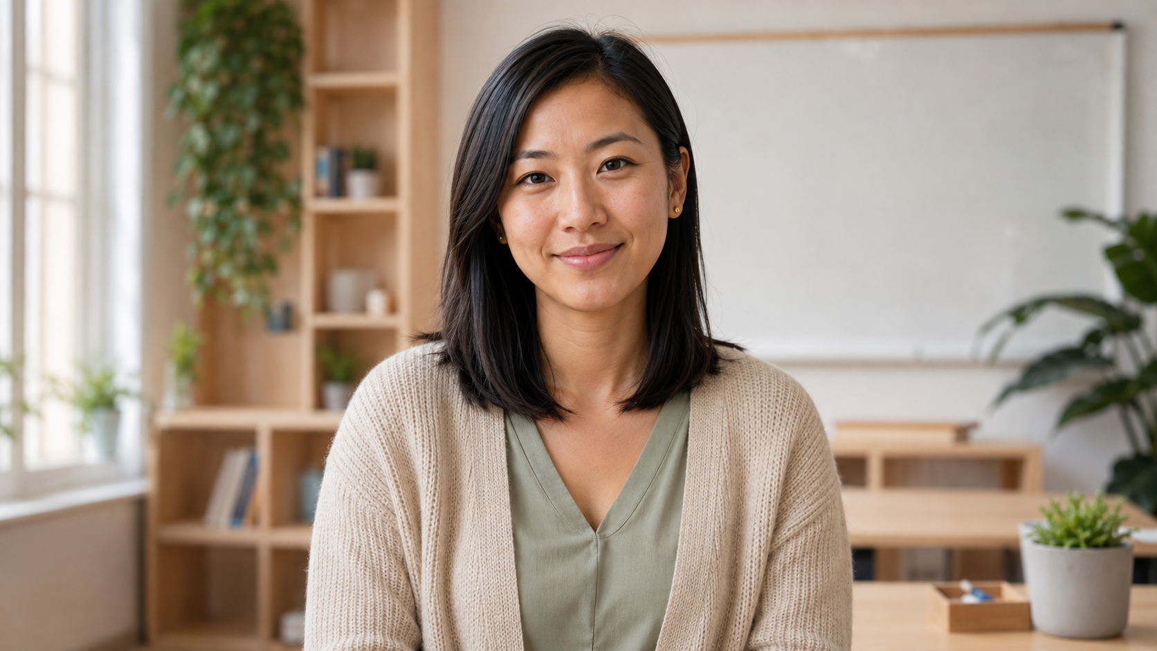 Maya, a friendly young teacher in a warm learning studio